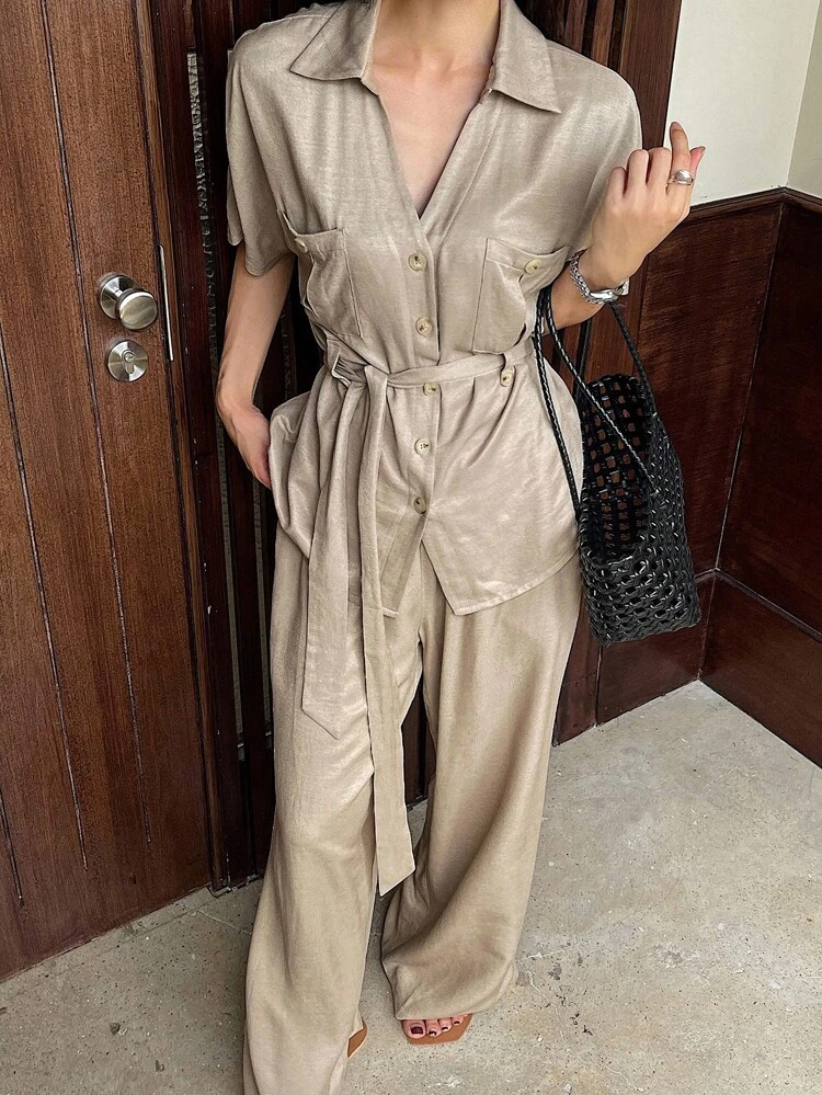 2pcs/Set Women Summer Short Sleeve Cinched Waist Top And Loose Casual Wide Leg Pants Co-Ord Set