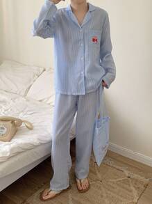 青少年女孩简约时尚休闲浅蓝色开衫和条纹刺绣长袖上衣配裤子睡衣套装蓝色条纹睡衣套装可爱睡衣套装纽扣睡衣套装浅蓝色睡衣女士睡衣套装 - 淺藍色 - 查看 2