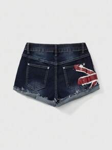 ROMWE Grunge Punk Quần short denim in họa tiết Union Jack cỡ lớn Y2K Vintage Washed - Màu xanh lam - Xem 2