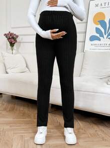 SHEIN Leggings de punto a costilla de unicolor con cintura ajustable para mujeres embarazadas