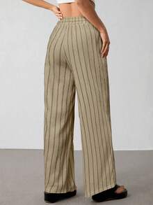 SHEIN PETITE Women's Striped Drawstring Waist Wide Leg Loose Casual Pants, For Daily Wear, Suitable For Spring, Summer And Autumn, French Holiday - Khaki - View 2