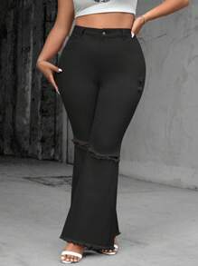 SHEIN Essnce Jeans acampanados de mujer talla grande en color rosa desgarrado con estiramientos, adecuados para vacaciones, Día de San Valentín, estilo Y2K - Negro - Ver 4