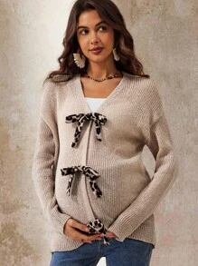 Boho Mama Maternity Leopard Print Twist Front Drop Shoulder Lightweight Cardigan  Fall Clothes  Boho Maternity Maternity Sweater Leopard Print Maternity Sweater Fall Winter Clothes Maternity Sweater Cute Bow
