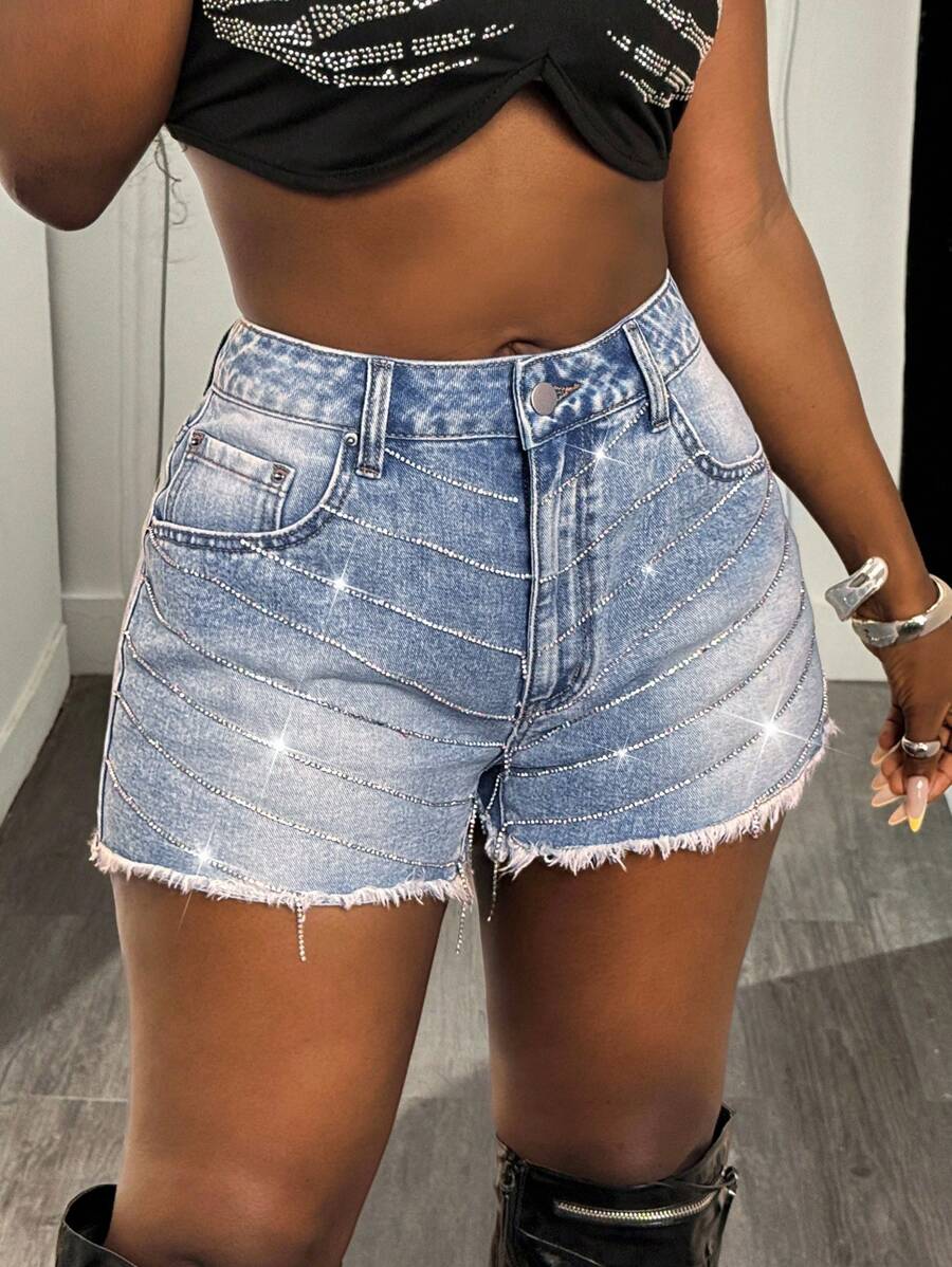 BamGleam Women's Casual Fashion Denim Shorts With Pockets And Rhinestone Embellishment - Blue - View 1