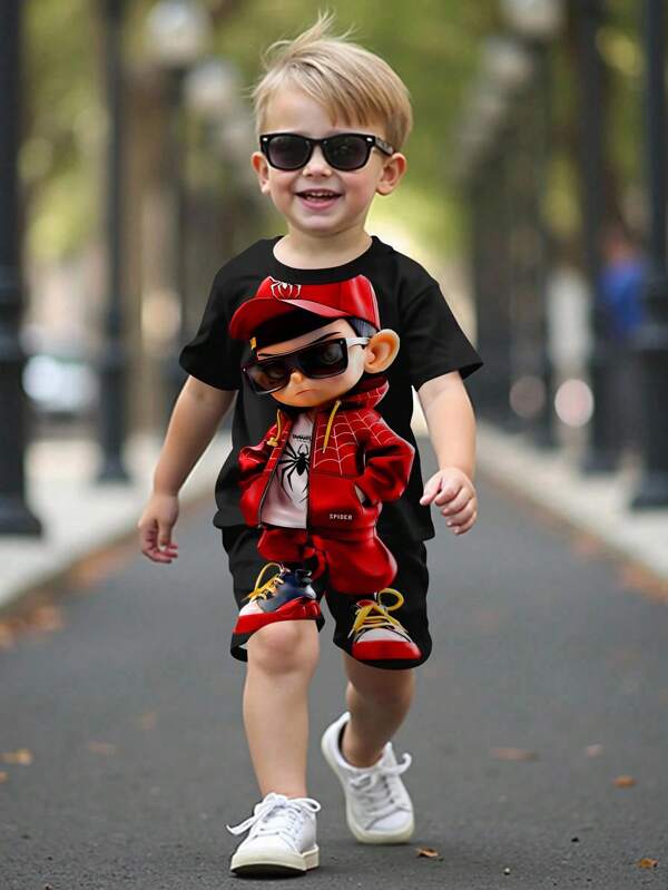 SHEIN Superhero & Young Boy Casual Cartoon Patterned Short Sleeve Round Neck Top And Shorts Set, Suitable For Summer Mafia Outfit For Kidskids Boys Clothing Setkids Clothes Boys Sets