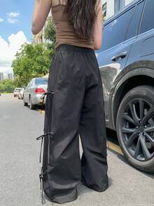 DAZY Women's Solid Color Elastic Waist Side Tie Front Pleated Loose Wide Leg Casual Pants Sweatpants - Black - View 5