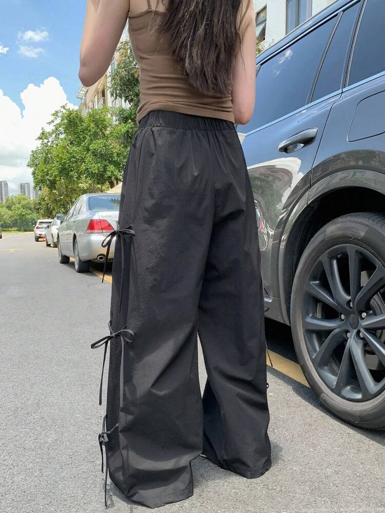 DAZY Women's Solid Color Elastic Waist Side Tie Front Pleated Loose Wide Leg Casual Pants Sweatpants - Black - View 5