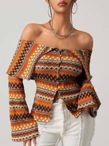 SHEIN ICON 波西米亚风复古乡村外出休闲复古拼色露肩喇叭袖T恤，秋季上衣 - 彩色 - 查看 1