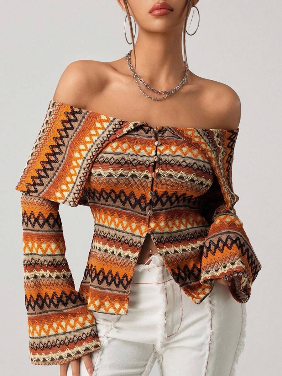 SHEIN ICON 波西米亚风复古乡村外出休闲复古拼色露肩喇叭袖T恤，秋季上衣 - 彩色 - 查看 1