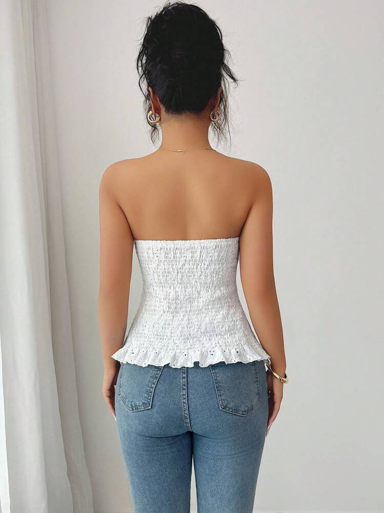 Elenzga New Sweet & Spicy Style White French Bandeau Top With Bowknot, Elastic Jacquard Fabric, Form-Fitting, Cropped Camisole - White - View 4