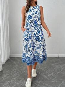 SHEIN LUNE Große Größen Ärmellose A-Linien Lässig Kleid mit Allover-Muster für Damen, Sommer Urlaubsoutfit Frau Boho Strandoutfit für Frau, Urlaubsoutfits Frühling & Sommer Lässig Urlaub Bohemien Porzellan-Muster Ärmellos knöchellang Kleid für berufstätige Lässig Frau - Blau-Weiß - Übersicht 5