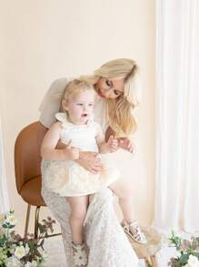 可爱优雅的杏色花朵蝴蝶结无袖女婴连衣裙 - 杏色 - 查看 13