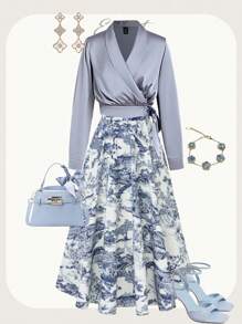 Ellevyn 女士优雅缎面系带裹身长袖衬衫，适合通勤、户外等多种场合，秋季新款返校女教师机场女装复古 - 藍色 - 查看 1