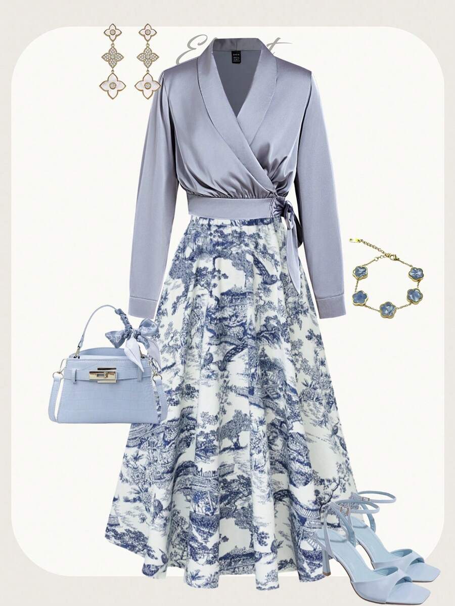 Ellevyn 女士优雅缎面系带裹身长袖衬衫，适合通勤、户外等多种场合，秋季新款返校女教师机场女装复古 - 藍色 - 查看 1