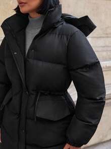 EURMUSE Women's Detachable Hooded Adjustable Drawstring Waist Flap Pocket Winter Coats - Black - View 6