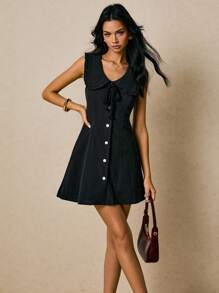 Poéselle Women's Summer Fashion Peter Pan Collar Button Short Dress - Black - View 6