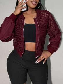 SHEIN SXY Women's Sheer Sleeve Patchwork Cropped Baseball Jacket In Fall/Winter - Burgundy - View 1