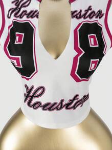 SHEIN SXY Sexy Cropped Tight Fitting Top With Number Print, Spring/Summer - White - View 6