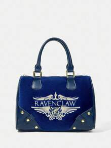 HARRY POTTER X SHEIN Letter Embroidery Fashion Elegant Blue Velvet Top Handle Bag - Blue - View 2