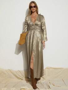 COSMINA Váy tay phồng ánh kim cho nữ, Váy thanh lịch cho nữ, Váy thu - Vàng - Xem 1