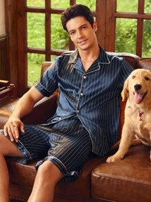 SHEIN EverLounge Men Vertical Striped Button Front PJ Set / Pajama Set