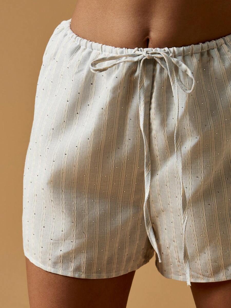MISSGUIDED Diamond Studded Striped Loose Lounge Shorts Elastic Waist Tie Front Beachwear Summer Bohemian Vacation Drawstring Resort Wear Comfortable Casual Bottoms - Blue and White - View 1