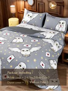 HARRY POTTER X SHEIN Bộ đồ giường 3 món, họa tiết in toàn bộ hình Hedwig, vỏ chăn màu hồng, mềm mại & ấm áp, ấm áp & có thể giặt bằng máy, phù hợp với giường đôi/giường đôi/giường Queen/giường King, ký túc xá/nhà riêng - Xám - Xem 12
