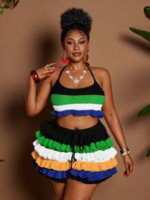 Maweii 大码女式纯色丝带镂空海滩度假性感两件套海滩女士服装夏季女士服装波西米亚风 - 彩色 - 查看 5