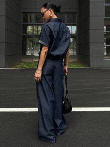 DAZY Bộ 2 quần ống rộng ống rộng cổ bẻ denim thường ngày cho nữ, trang phục mùa hè - Rửa tối - Xem 3