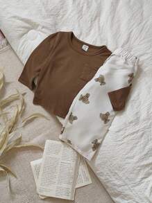 SHEIN Vintaside Kids 2 Stücke Kleinkind Jungen Set aus Cartoon Tier Muster Langarm T-Shirt und Lässig Hose, bequeme Outfit für Frühling/Herbst