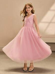 Girls Long Chiffon Dress, Christmas, Wedding, Birthday Party, Formal Gown For Teens - Pink - View 1