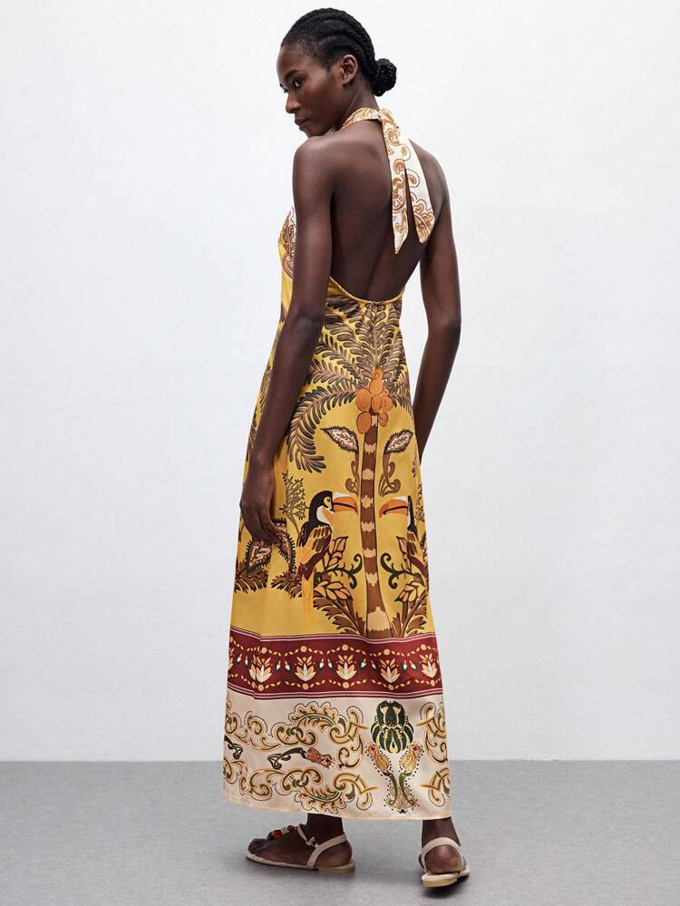 SHEIN Maija Women's Yellow Summer Sleeveless Tie-Waist Printed Dress, Backless Sexy Bohemian Loose Long Beach Dress, Summer Women's Beachwear And Vacation Wear, Women's Animal Print Beach Vacation Wear