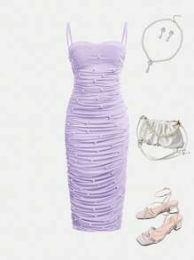 SHEIN Vestido de tirantes morado ajustado y elegante con cuentas para niñas preadolescentes - Púrpura malva - Ver 1