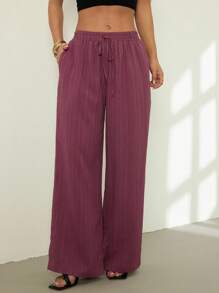 SHEIN PETITE 女士休闲纯色纹理面料抽绳腰斜口袋阔腿宽松裤 - Bold Plum - 查看 2