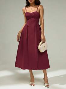 SHEIN PETITE 女式休闲纯色腰部收腰吊带连衣裙，夏季 - 酒紅色 - 查看 4