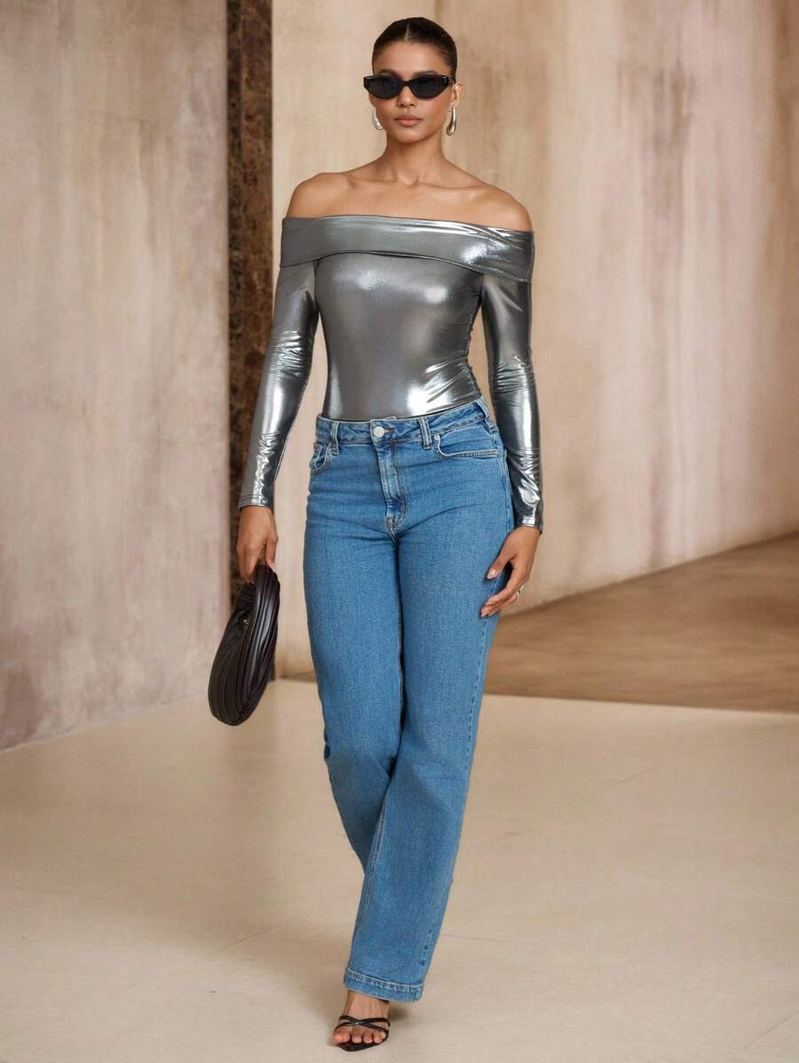 SHEIN Unity 女士派对夜出闪亮银色 Y2K 风格露肩长袖紧身衣，时尚优雅性感造型，秋冬外出装 - 銀色 - 查看 1