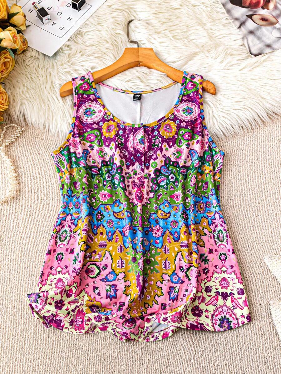 EMERY ROSE Plus Size Sleeveless Round Neck Printed Tank Top For Summer Casual Outings Graphic Tees Women Tops - Multicolor - View 1