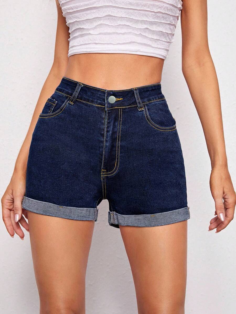 SHEIN ICON 女士纯色简约休闲牛仔短裤 - 深色水洗藍 - 查看 1
