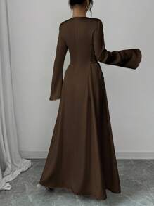 Elenzga 优雅杏色 A 字型束腰喇叭袖连衣裙长款缎面女装 - 巧克力棕 - 查看 2
