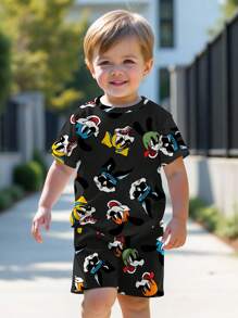 SHEIN 2pcs/Set Young Boy Casual Simple Round Neck Short Sleeve Shorts Set, Suitable For Summer - White - View 2