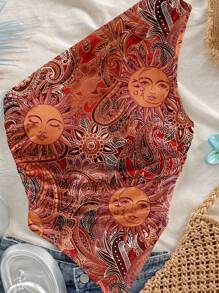Soleia Blusa de hombro con bajo asimétrico con estampado de paisley en forma de sol vintage, apropiada para el estilo de vacaciones de verano