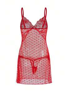 SHEIN Women's Lace Patchwork Sheer Sexy Nightgown - Red - View 7