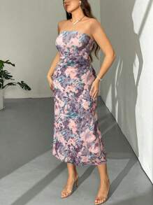 Firerie Plus Size Women's Valentine's Day New Simple Prive Elegant Romantic Date American Style Ombre Mesh Bustier Form-Fitting Maxi Dress, Watercolor Floral Mesh Print Ruched Body-Con Long Dress, Elegant For Holiday And Daily Wear, Spring/Summer