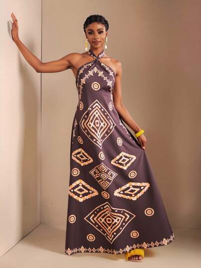 Zivah 20  Spring/Summer New Off-The-Shoulder Backless Maxi Dress With Geometric Print, Suitable For Music Festivals, Easter, St. Patrick's Day, Western/Nomadic Style, Birthdays, Graduations, Campus Style, Casual Outings, Vacation, Cruise, Beach, Sunbathing, Street Style, Wedding Guest, Commute, Brunch, Airport