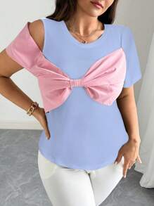 Elenzga Plus Size Faux Bow Decoration Contrast Color Elegant Short Sleeve T-Shirt - Mauve Purple - View 4