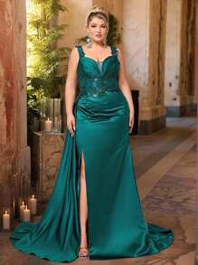 Glamrae Váy dài đuôi cá xẻ tà cao cổ chữ V sâu màu xanh lá cây thanh lịch lãng mạn cỡ lớn có đính sequin chắp vá bằng vải satin co giãn có viền đính cườm hai bên, phù hợp cho đám cưới, tiệc tùng, sự kiện tiệc chiêu đãi - màu xanh lá - Xem 2