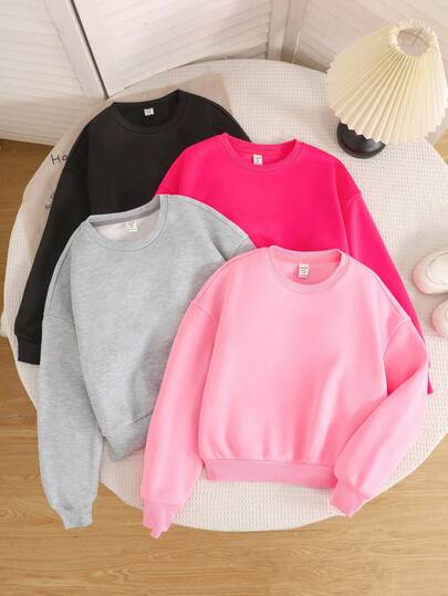 Set de 4 sudaderas de cuello redondo de manga larga básicas y casuales para niñas preadolescentes