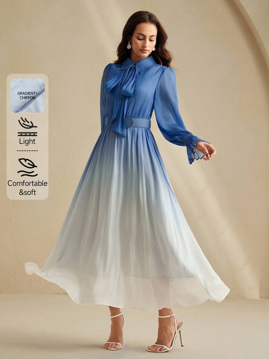 Anewsta 优雅圆领系带袖收腰渐变色雪纺印花女式连衣裙