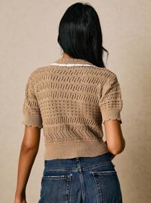 Poéselle 休闲撞色饰边领镂空针织上衣 - 卡其色 - 查看 2