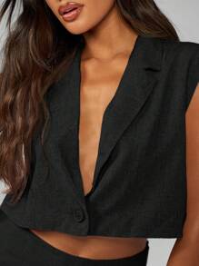 MISSGUIDED Áo vest blazer vải lanh ngắn tay chuyên nghiệp có cổ chữ V sâu, phong cách công sở tối giản hiện đại mùa hè dành cho doanh nhân - màu đen - Xem 6